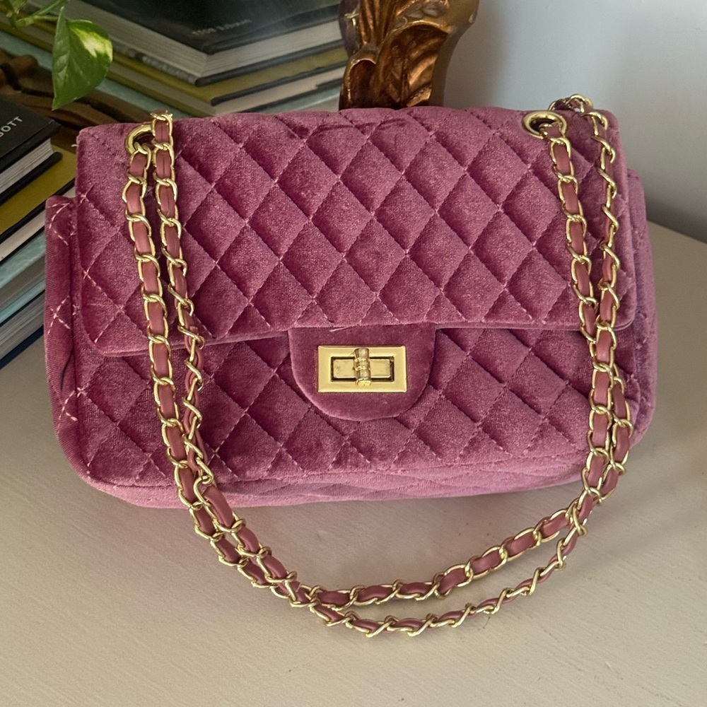 Vintage Quilted Velvet Chain Shoulder Flap Bag - Dusty Rose